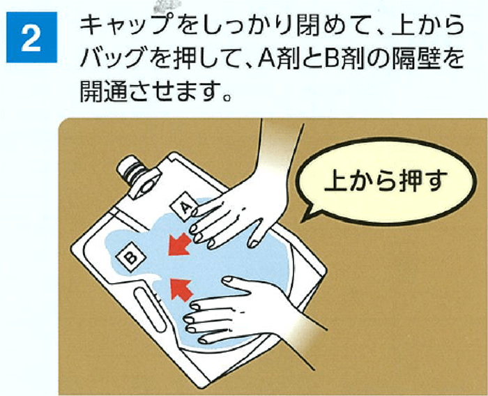 キャップをしっかり閉めて、上からバッグを押して、A剤とB剤の隔壁を開通させます。